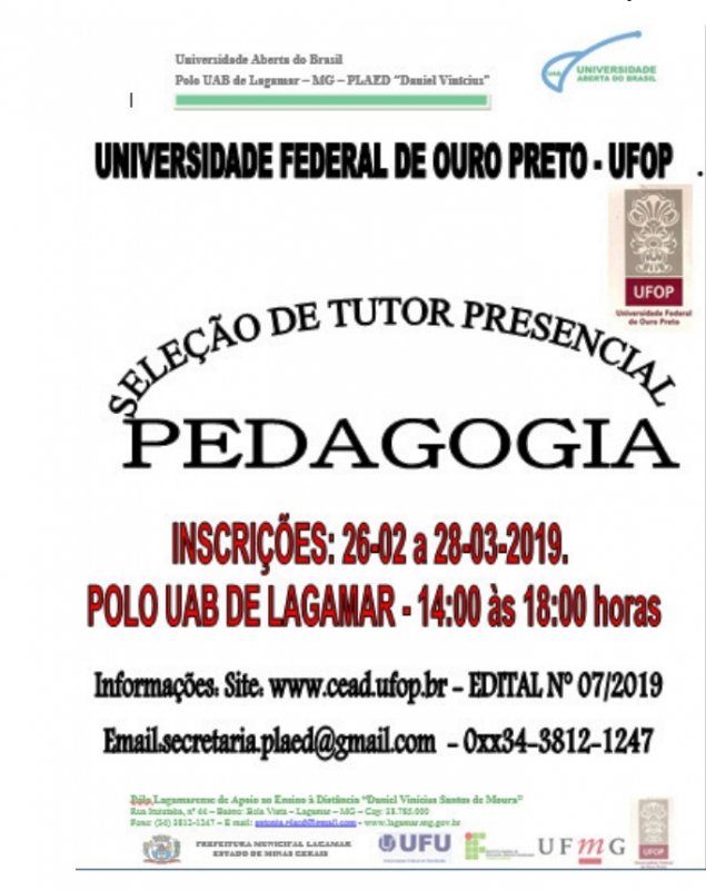 LINK DE ACESSO AO EDITAL 07/2019 - Processo Seletivo: Edital de Seleção e Criação de Cadastro de Reserva para Bolsistas do Sistema UAB, na função de Tutor para atuar nos cursos de Graduação do CEAD - CEAD/UFOP